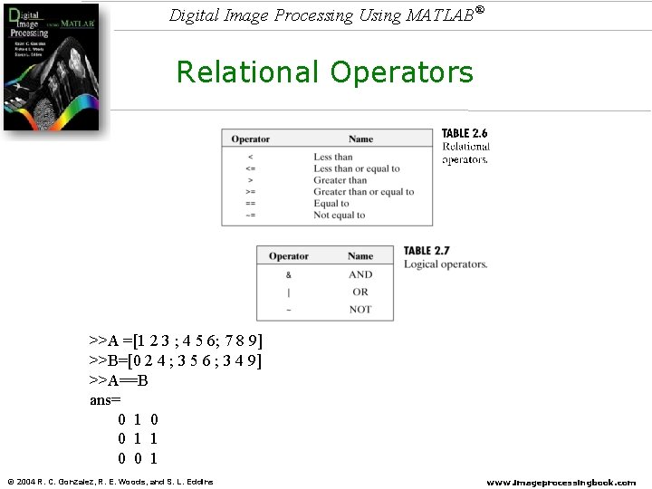 Digital Image Processing Using MATLAB® Relational Operators >>A =[1 2 3 ; 4 5
