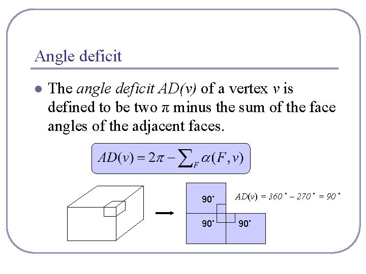 Angle deficit l The angle deficit AD(v) of a vertex v is defined to