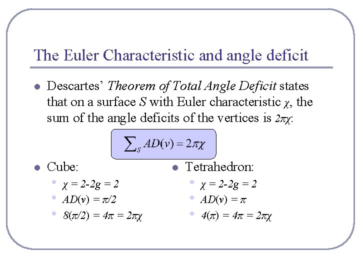 The Euler Characteristic and angle deficit l Descartes’ Theorem of Total Angle Deficit states