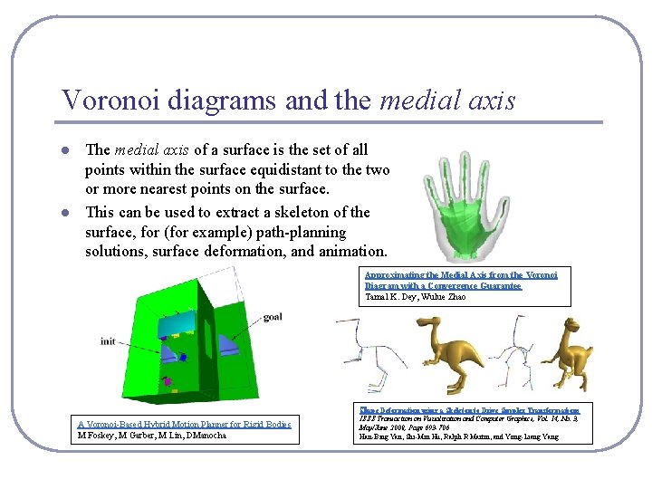 Voronoi diagrams and the medial axis l l The medial axis of a surface