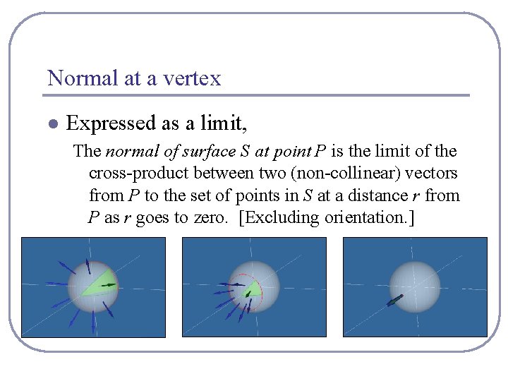 Normal at a vertex l Expressed as a limit, The normal of surface S