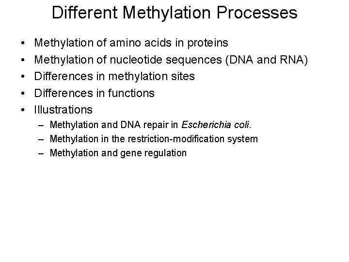 Different Methylation Processes • • • Methylation of amino acids in proteins Methylation of