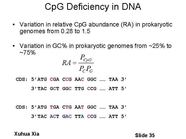 Cp. G Deficiency in DNA • Variation in relative Cp. G abundance (RA) in