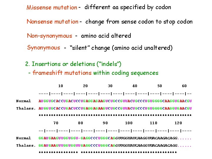 Missense mutation - different aa specified by codon Nonsense mutation - change from sense