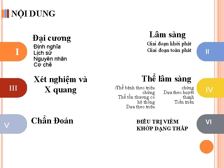 NỘI DUNG Lâm sàng Đại cương I III V Giai đoạn khởi phát Giai