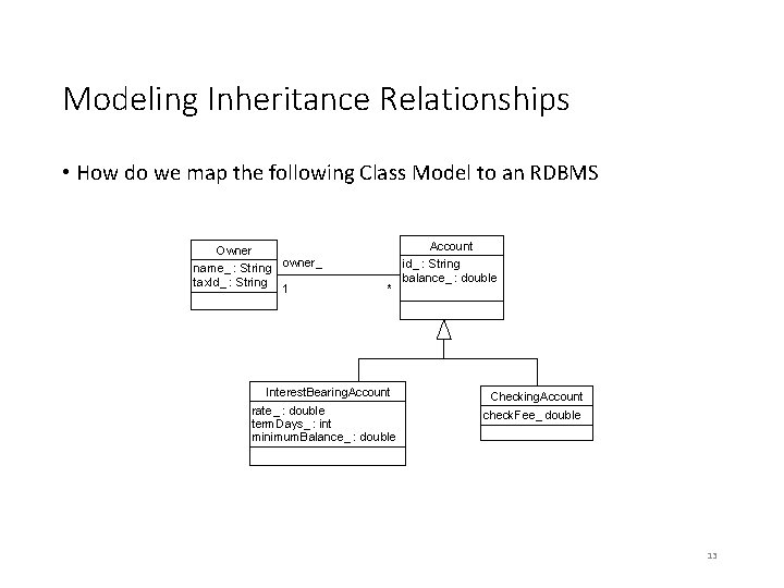 Modeling Inheritance Relationships • How do we map the following Class Model to an