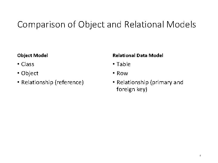 Comparison of Object and Relational Models Object Model Relational Data Model • Class •
