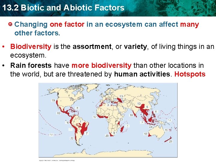 13. 2 Biotic and Abiotic Factors Changing one factor in an ecosystem can affect