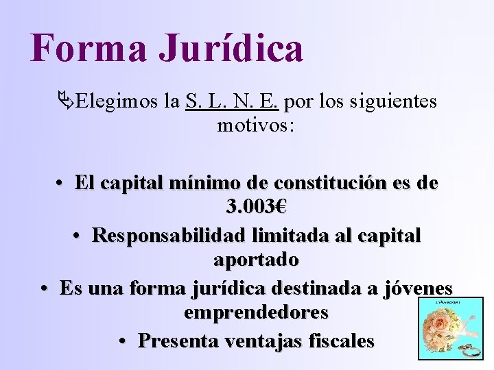 Forma Jurídica Elegimos la S. L. N. E. por los siguientes motivos: • El