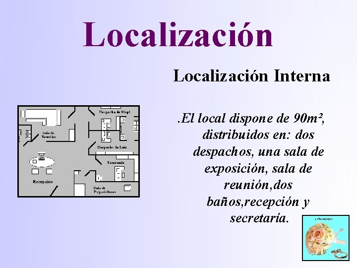 Localización Interna. El local dispone de 90 m², distribuidos en: dos despachos, una sala