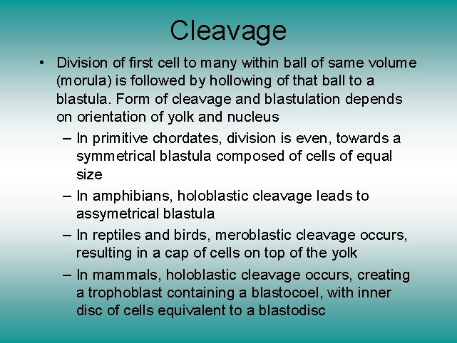 Cleavage • Division of first cell to many within ball of same volume (morula)