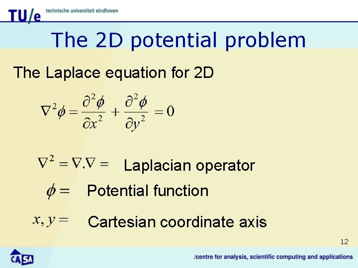 The 2 D potential problem The Laplace equation for 2 D Laplacian operator Potential