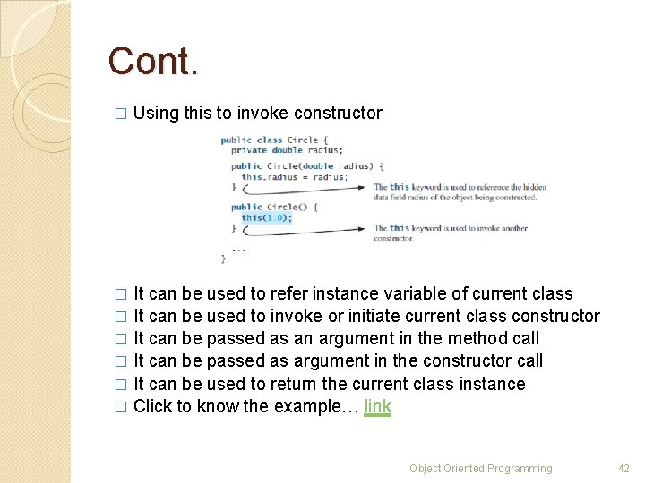 Cont. � Using this to invoke constructor It can be used to refer instance Cont. � Using this to invoke constructor It can be used to refer instance