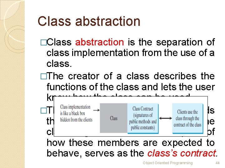 Class abstraction �Class abstraction is the separation of class implementation from the use of Class abstraction �Class abstraction is the separation of class implementation from the use of