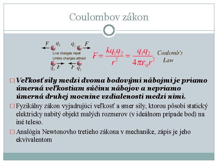 Coulombov zákon � Veľkosť sily medzi dvoma bodovými nábojmi je priamo úmerná veľkostiam súčinu