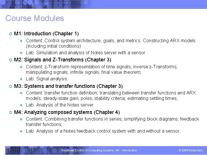 Course Modules ¢ M 1: Introduction (Chapter 1) v v ¢ M 2: Signals