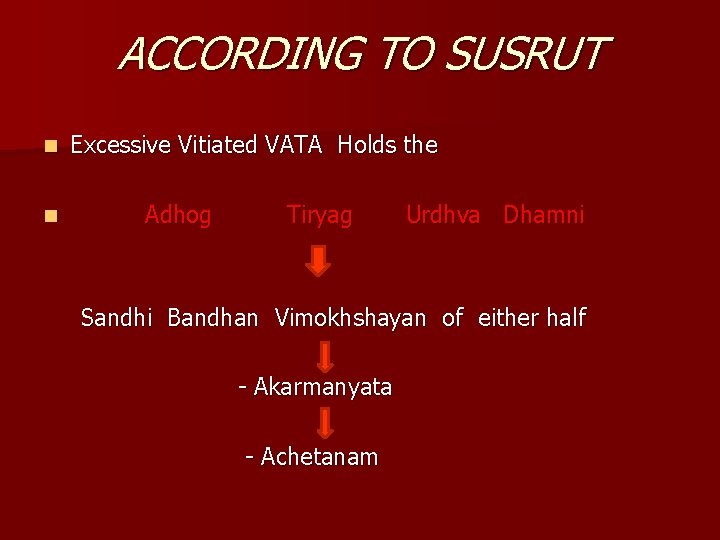 ACCORDING TO SUSRUT n n Excessive Vitiated VATA Holds the Adhog Tiryag Urdhva Dhamni