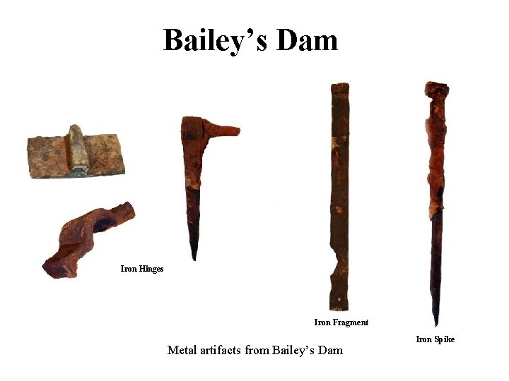 Bailey’s Dam Iron Hinges Iron Fragment Metal artifacts from Bailey’s Dam Iron Spike 