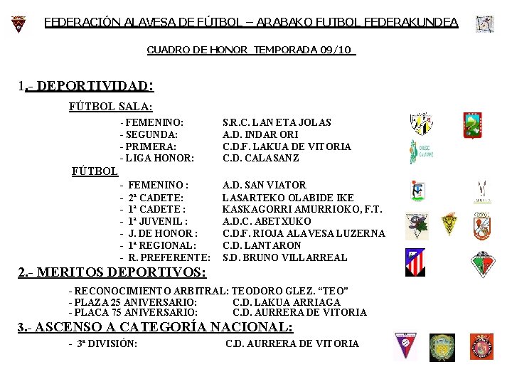 FEDERACIÓN ALAVESA DE FÚTBOL – ARABAKO FUTBOL FEDERAKUNDEA CUADRO DE HONOR TEMPORADA 09/10 1.