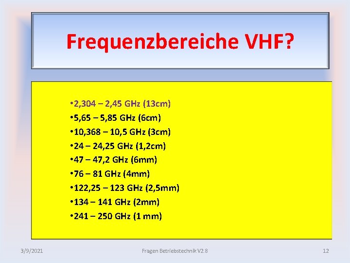 Frequenzbereiche VHF? • 2, 304 – 2, 45 GHz (13 cm) • 5, 65