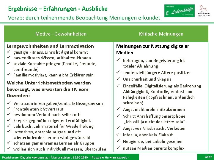 Ergebnisse – Erfahrungen - Ausblicke V orab: durch teilnehmende Beobachtung Meinungen erkundet Motive -