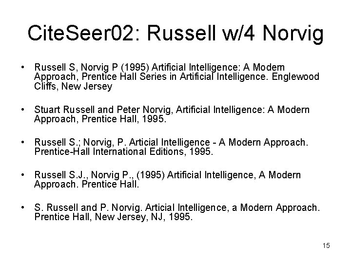 Cite. Seer 02: Russell w/4 Norvig • Russell S, Norvig P (1995) Artificial Intelligence: