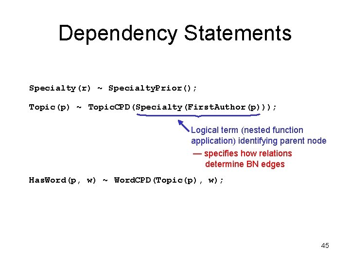 Dependency Statements Specialty(r) ~ Specialty. Prior(); Topic(p) ~ Topic. CPD(Specialty(First. Author(p))); Logical term (nested