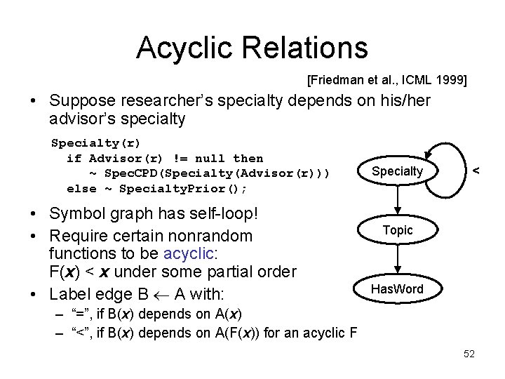 Acyclic Relations [Friedman et al. , ICML 1999] • Suppose researcher’s specialty depends on