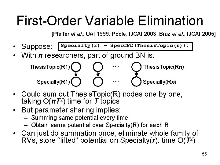 First-Order Variable Elimination [Pfeffer et al. , UAI 1999; Poole, IJCAI 2003; Braz et