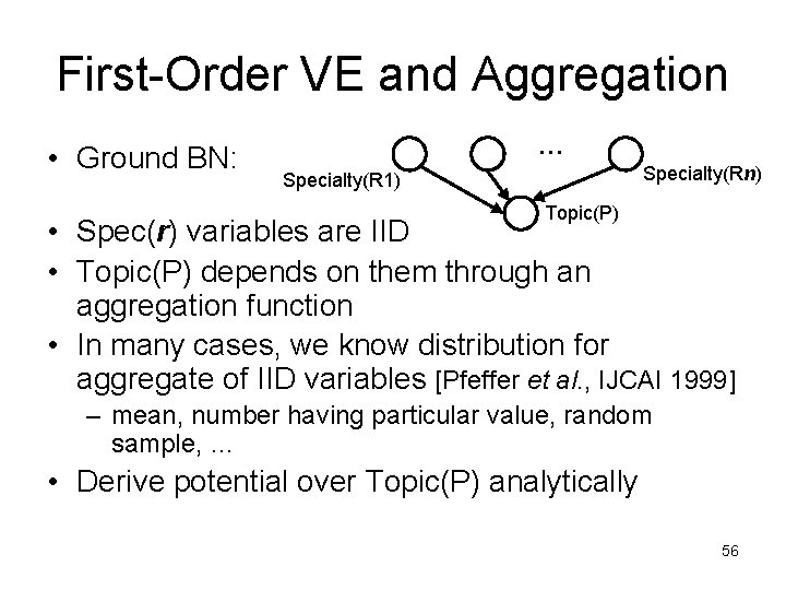 First-Order VE and Aggregation • Ground BN: … Specialty(Rn) Specialty(R 1) Topic(P) • Spec(r)