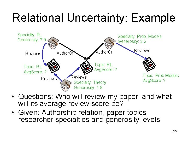 Relational Uncertainty: Example Specialty: RL Generosity: 2. 9 Reviews Specialty: Prob. Models Generosity: 2.