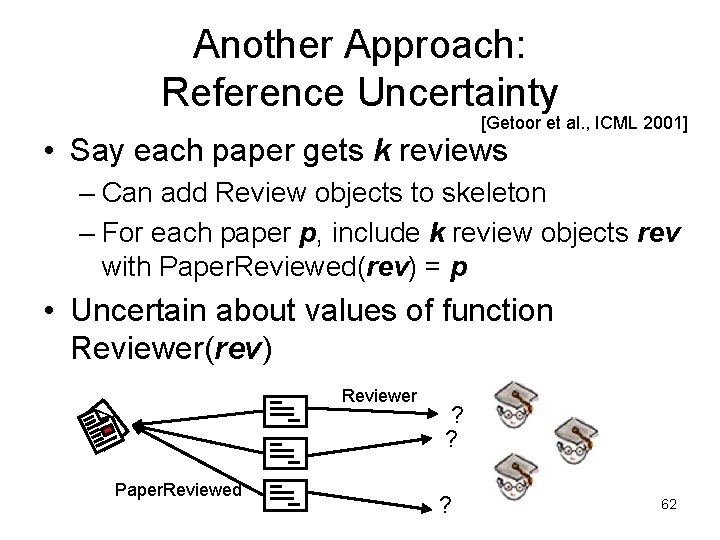 Another Approach: Reference Uncertainty [Getoor et al. , ICML 2001] • Say each paper