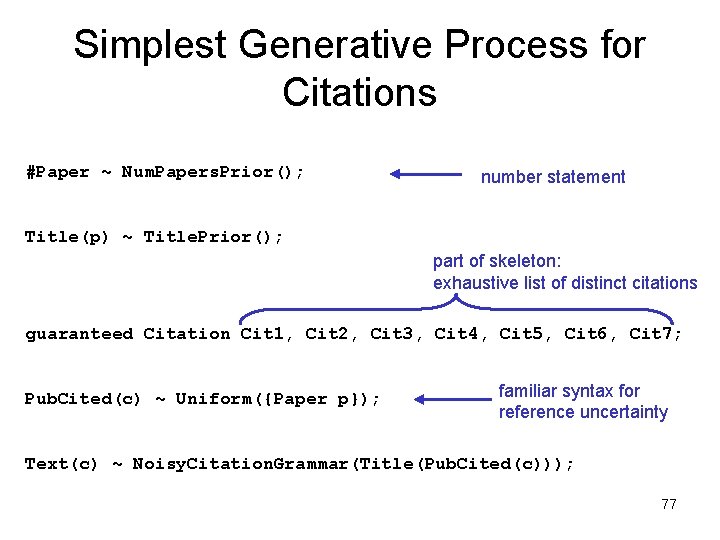 Simplest Generative Process for Citations #Paper ~ Num. Papers. Prior(); number statement Title(p) ~