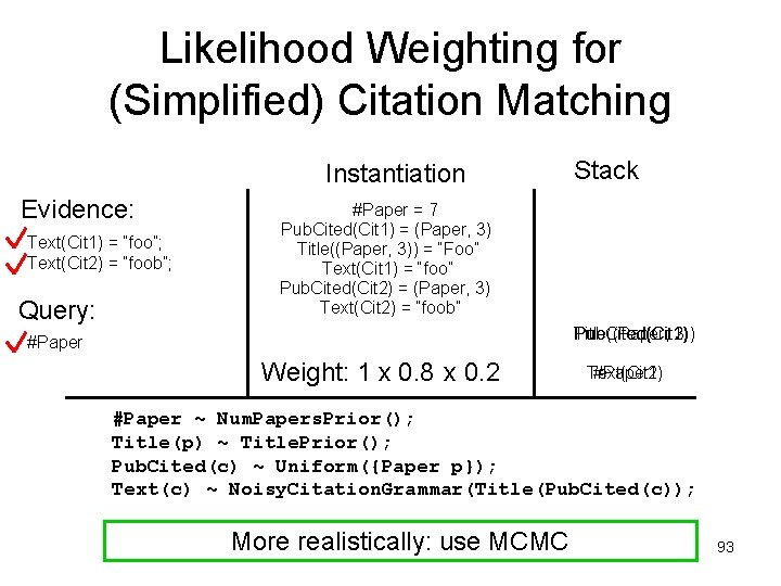 Likelihood Weighting for (Simplified) Citation Matching Instantiation Evidence: Text(Cit 1) = “foo”; Text(Cit 2)