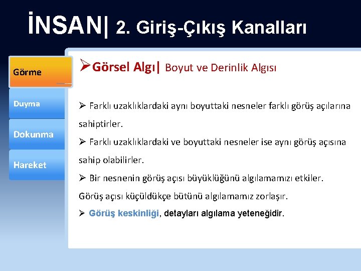İNSAN| 2. Giriş-Çıkış Kanalları Görme ØGörsel Algı| Boyut ve Derinlik Algısı Duyma Ø Farklı