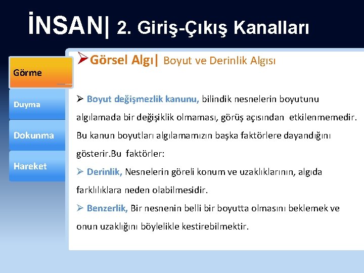 İNSAN| 2. Giriş-Çıkış Kanalları Görme Duyma ØGörsel Algı| Boyut ve Derinlik Algısı Ø Boyut