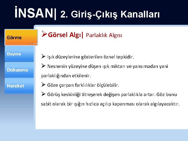 İNSAN| 2. Giriş-Çıkış Kanalları Görme Duyma Dokunma Hareket ØGörsel Algı| Parlaklık Algısı Ø Işık