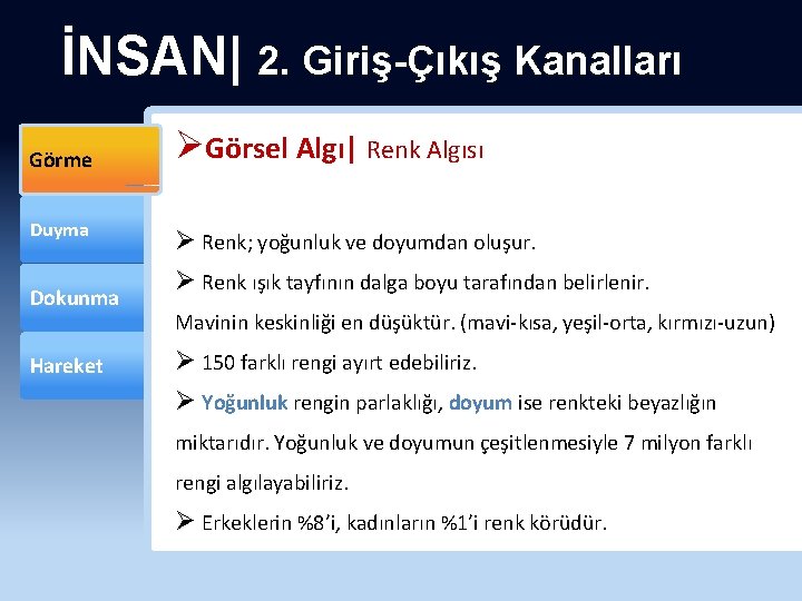 İNSAN| 2. Giriş-Çıkış Kanalları Görme Duyma Dokunma Hareket ØGörsel Algı| Renk Algısı Ø Renk;