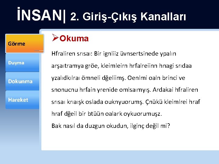 İNSAN| 2. Giriş-Çıkış Kanalları Görme ØOkuma Hfraliren srısaı: Bir ignliiz üvnsertsinede ypalın Duyma Dokunma
