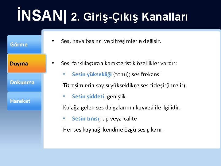 İNSAN| 2. Giriş-Çıkış Kanalları Görme Duyma • Ses, hava basıncı ve titreşimlerle değişir. •