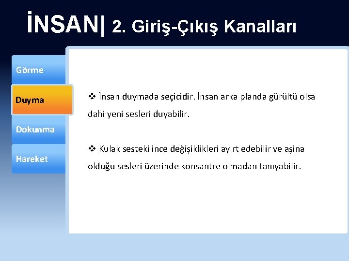İNSAN| 2. Giriş-Çıkış Kanalları Görme Duyma v İnsan duymada seçicidir. İnsan arka planda gürültü