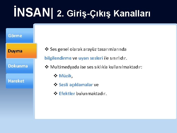 İNSAN| 2. Giriş-Çıkış Kanalları Görme Duyma v Ses genel olarak arayüz tasarımlarında bilgilendirme ve