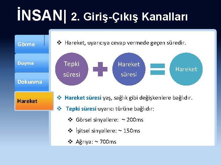 İNSAN| 2. Giriş-Çıkış Kanalları Görme Duyma Dokunma Hareket v Hareket, uyarıcıya cevap vermede geçen