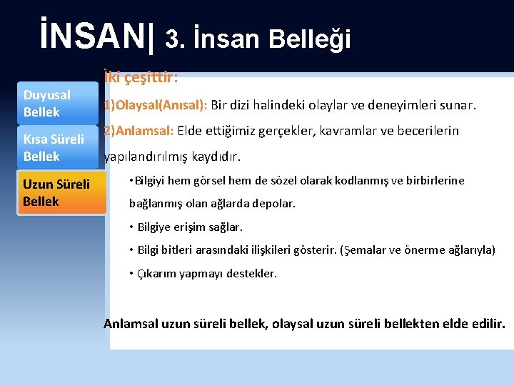 İNSAN| 3. İnsan Belleği Duyusal Bellek Kısa Süreli Bellek Uzun Süreli Bellek İki çeşittir: