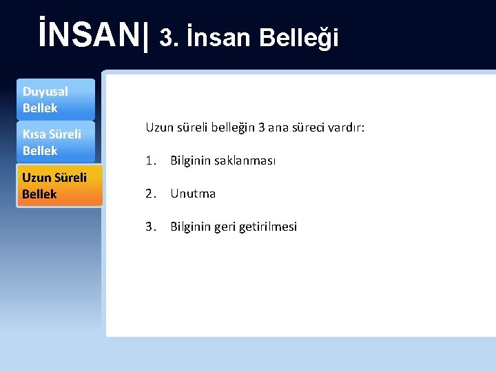 İNSAN| 3. İnsan Belleği Duyusal Bellek Kısa Süreli Bellek Uzun süreli belleğin 3 ana