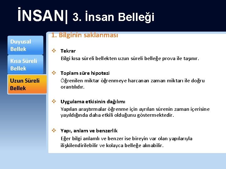 İNSAN| 3. İnsan Belleği Duyusal Bellek Kısa Süreli Bellek Uzun Süreli Bellek 1. Bilginin
