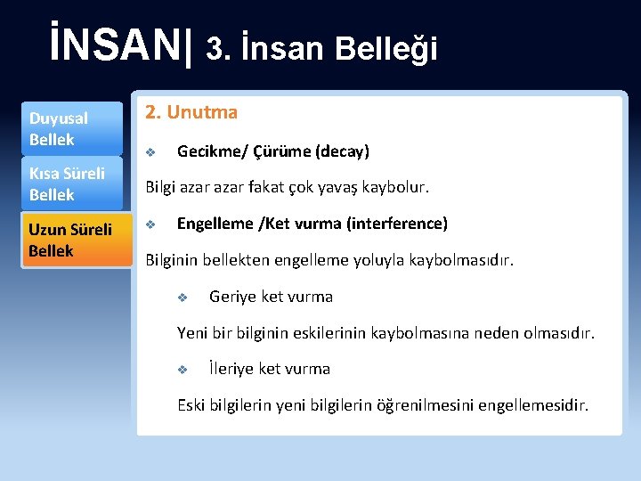 İNSAN| 3. İnsan Belleği Duyusal Bellek Kısa Süreli Bellek Uzun Süreli Bellek 2. Unutma