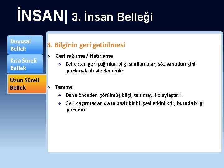 İNSAN| 3. İnsan Belleği Duyusal Bellek Kısa Süreli Bellek Uzun Süreli Bellek 3. Bilginin