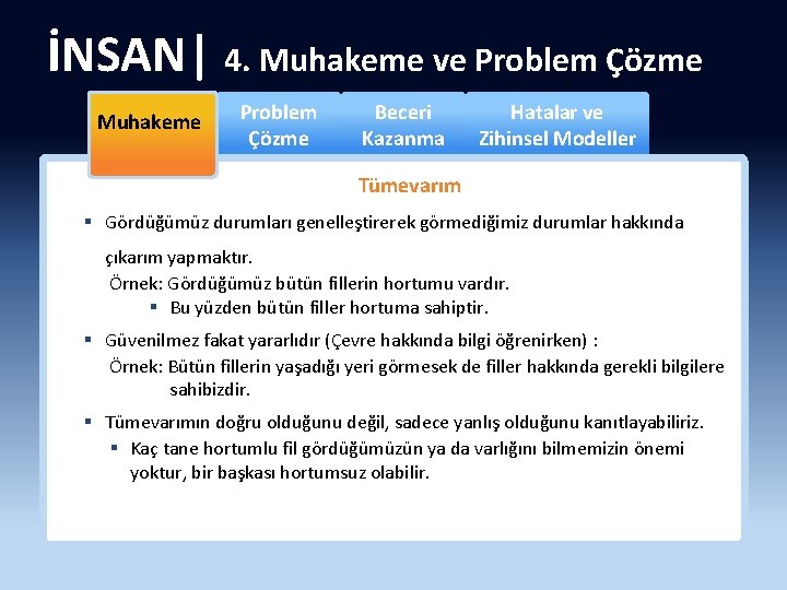İNSAN| 4. Muhakeme ve Problem Çözme Muhakeme Problem Çözme Beceri Kazanma Hatalar ve Zihinsel