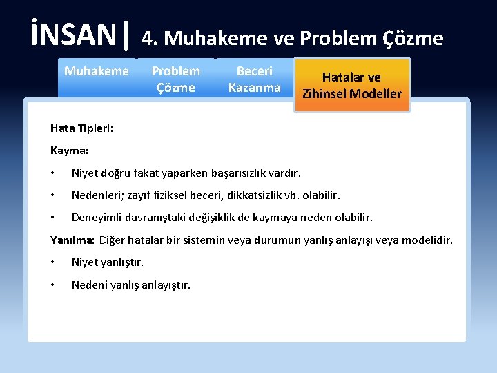 İNSAN| 4. Muhakeme ve Problem Çözme Muhakeme Problem Çözme Beceri Kazanma Hatalar ve Zihinsel